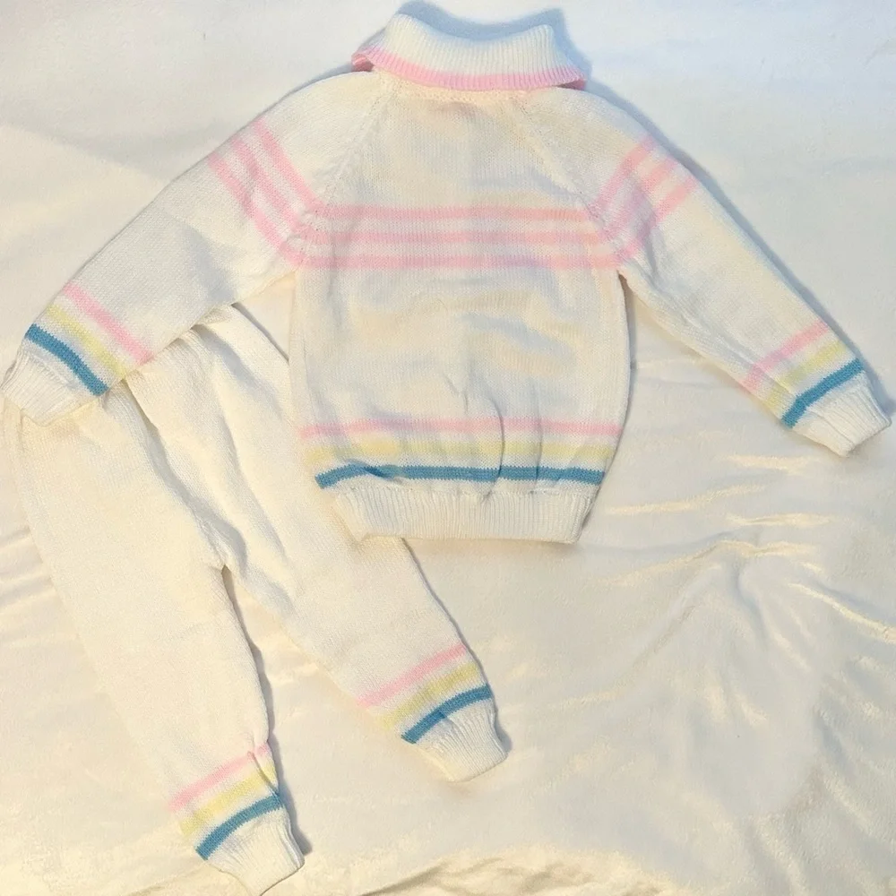 Vintage Hand Knit 2pc Outfit Cardigan Sweater & Pants Girls Toddler 2T stripe